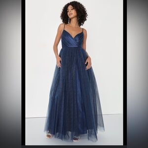 Your new Lulus Spellbinding Beauty Navy Glitter Sleeveless Tulle Gown NWT